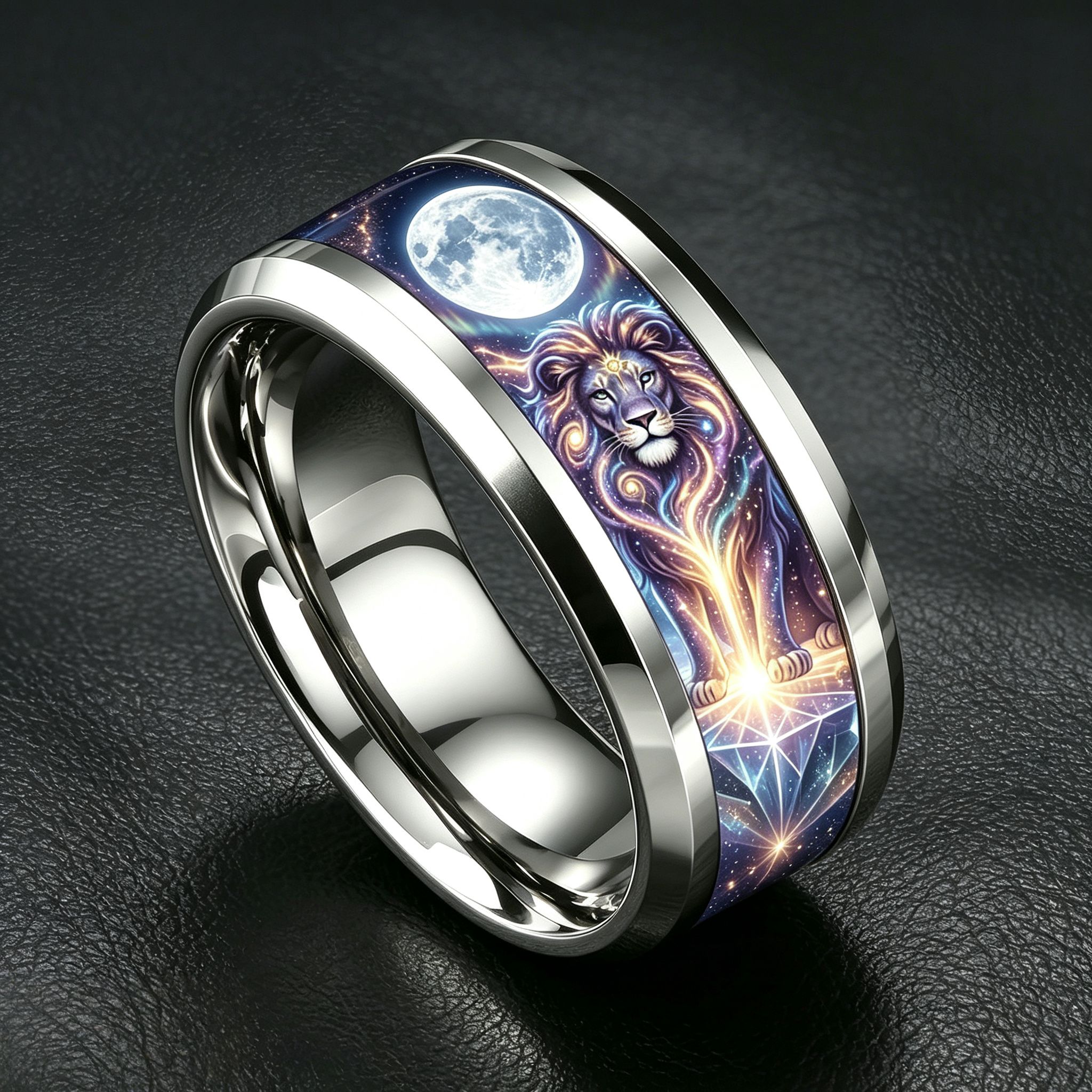 Galaxy Lion 304 Stainless Steel Ring, 8mm Glossy Polished Band